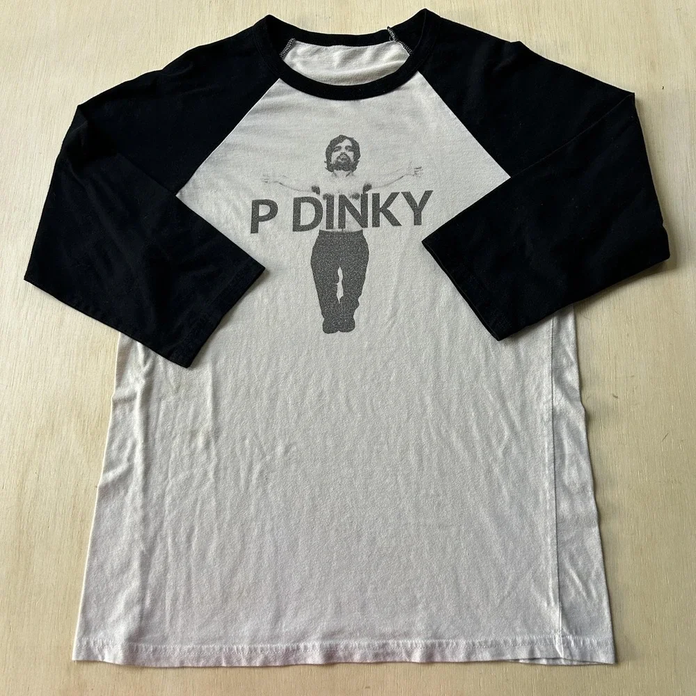 P Dinky Raglan Shirt Mens Small White Black 3/4 Sleeve Graphic Tee T-Shirt
